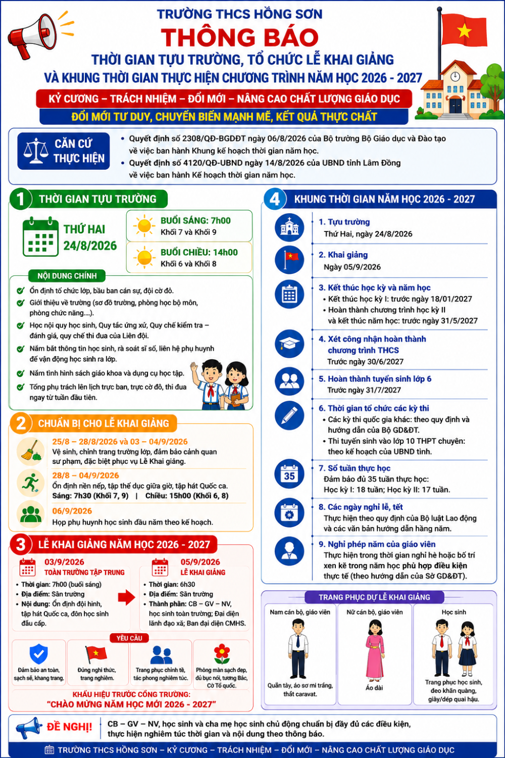 Thông báo thời gian tựu trường, khai giảng và khung thời gian năm học 2026–2027